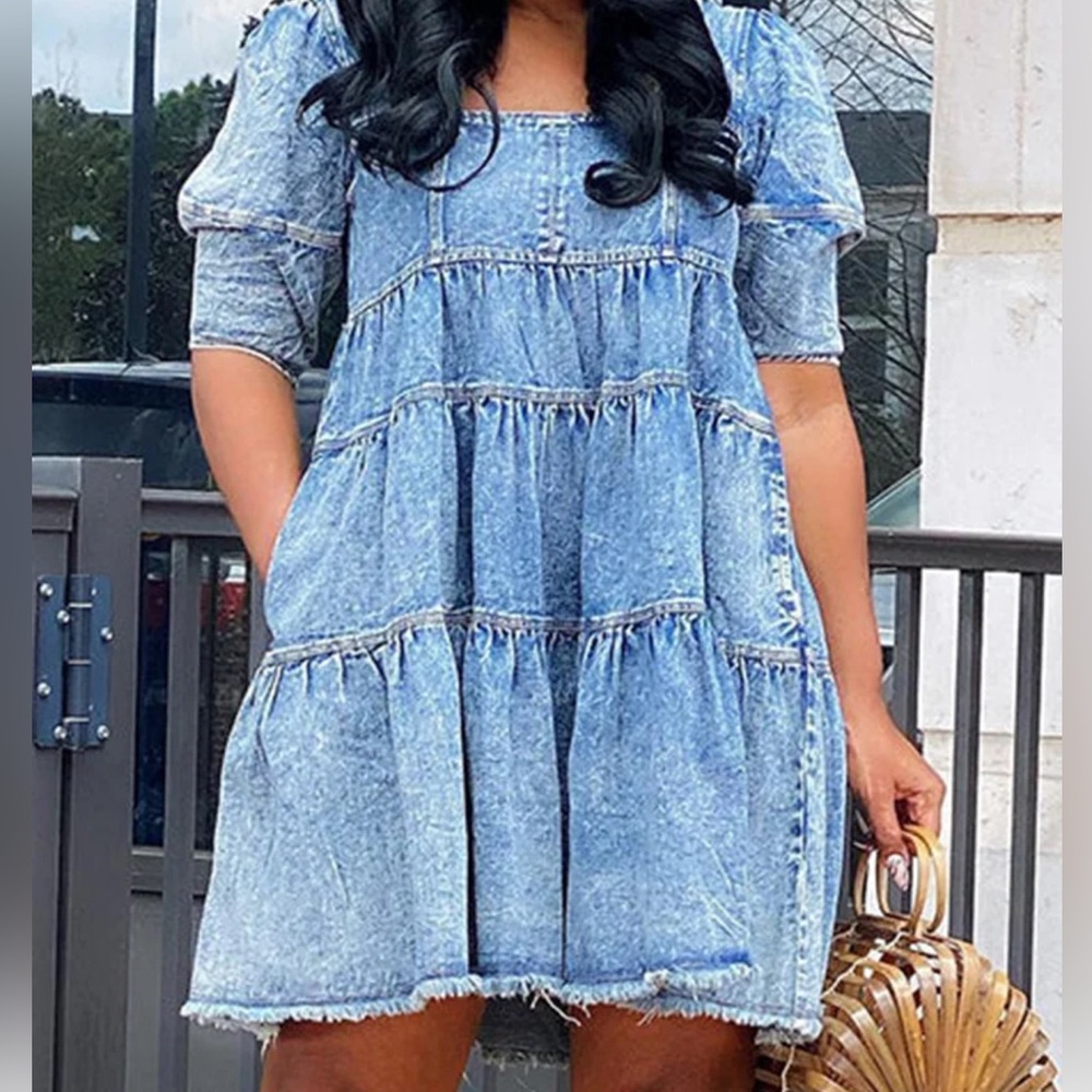 Denim Puff Sleeve Babydoll Dress Mini Dress